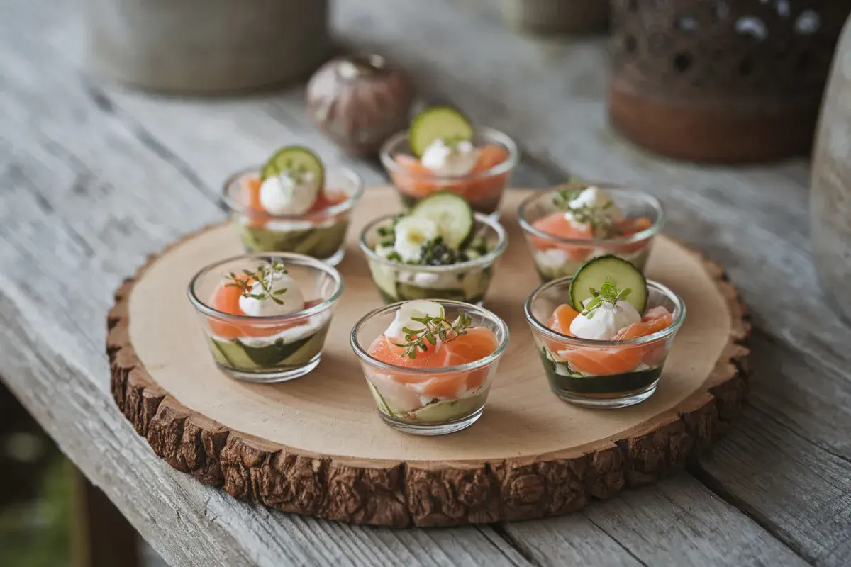 Sept verrines apéro joliment dressées : saumon fumé, avocat, crème et concombre. Parfait pour un apéritif raffiné.