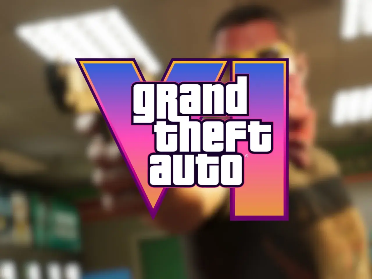 Das Logo von Grand Theft Auto VI ist im Fokus. Ein Mann mit Sonnenbrille hält eine Waffe. Die Fans warten gespannt auf den release gta 6.