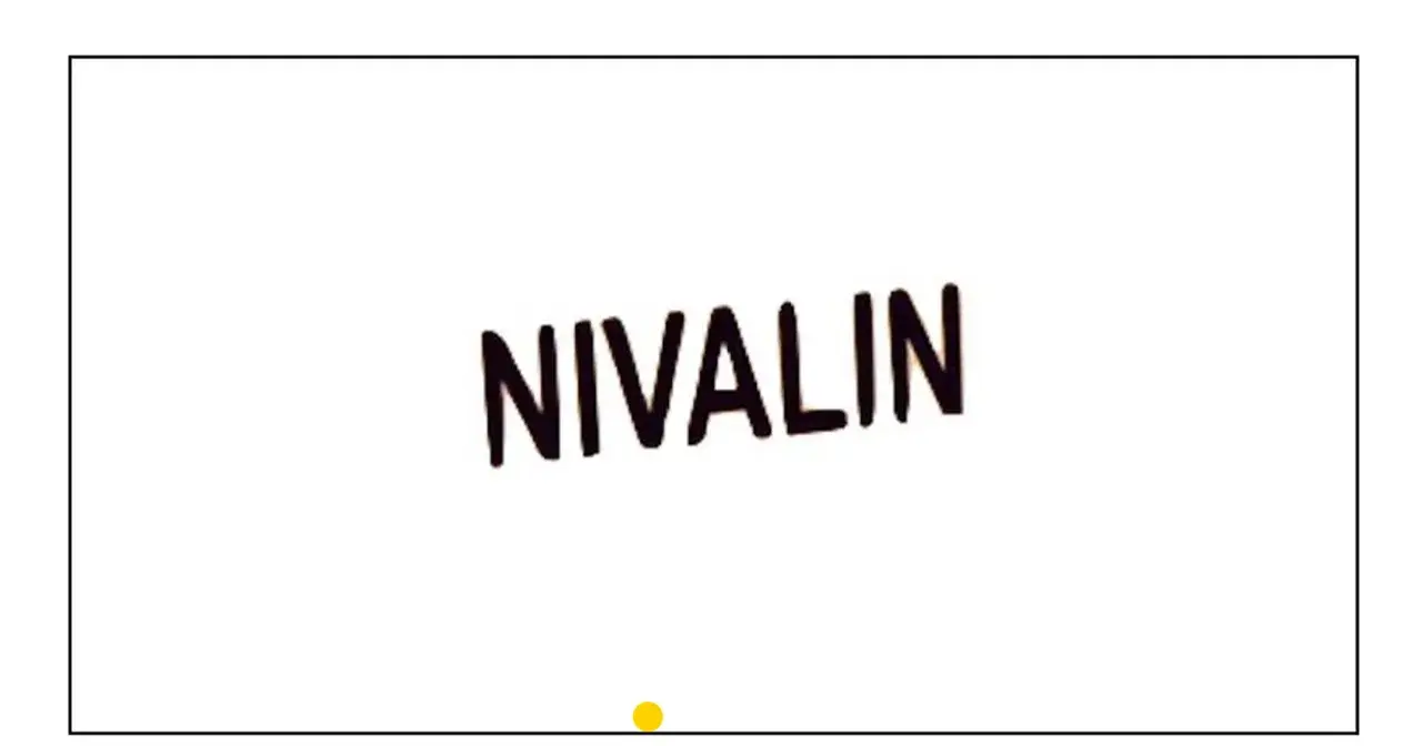 Nivalin - napis na białym tle, poniżej żółta kropka.