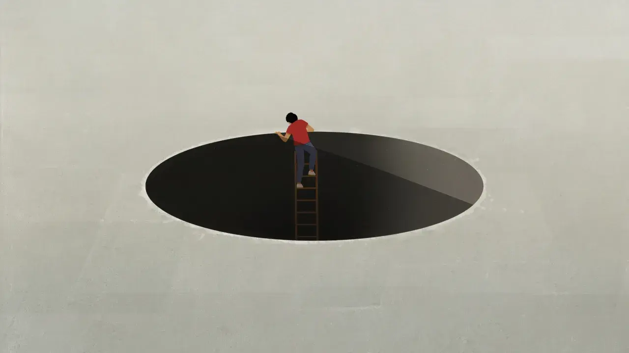 Iemand die altijd een weerwoord heeft, klimt met een ladder uit een zwart gat.