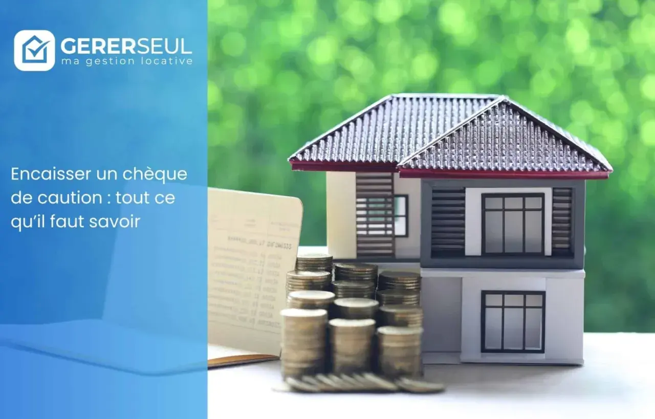 Modèle de maison, pièces de monnaie et chéquier. Illustration pour "Encaisser un chèque de caution : tout ce qu'il faut savoir".