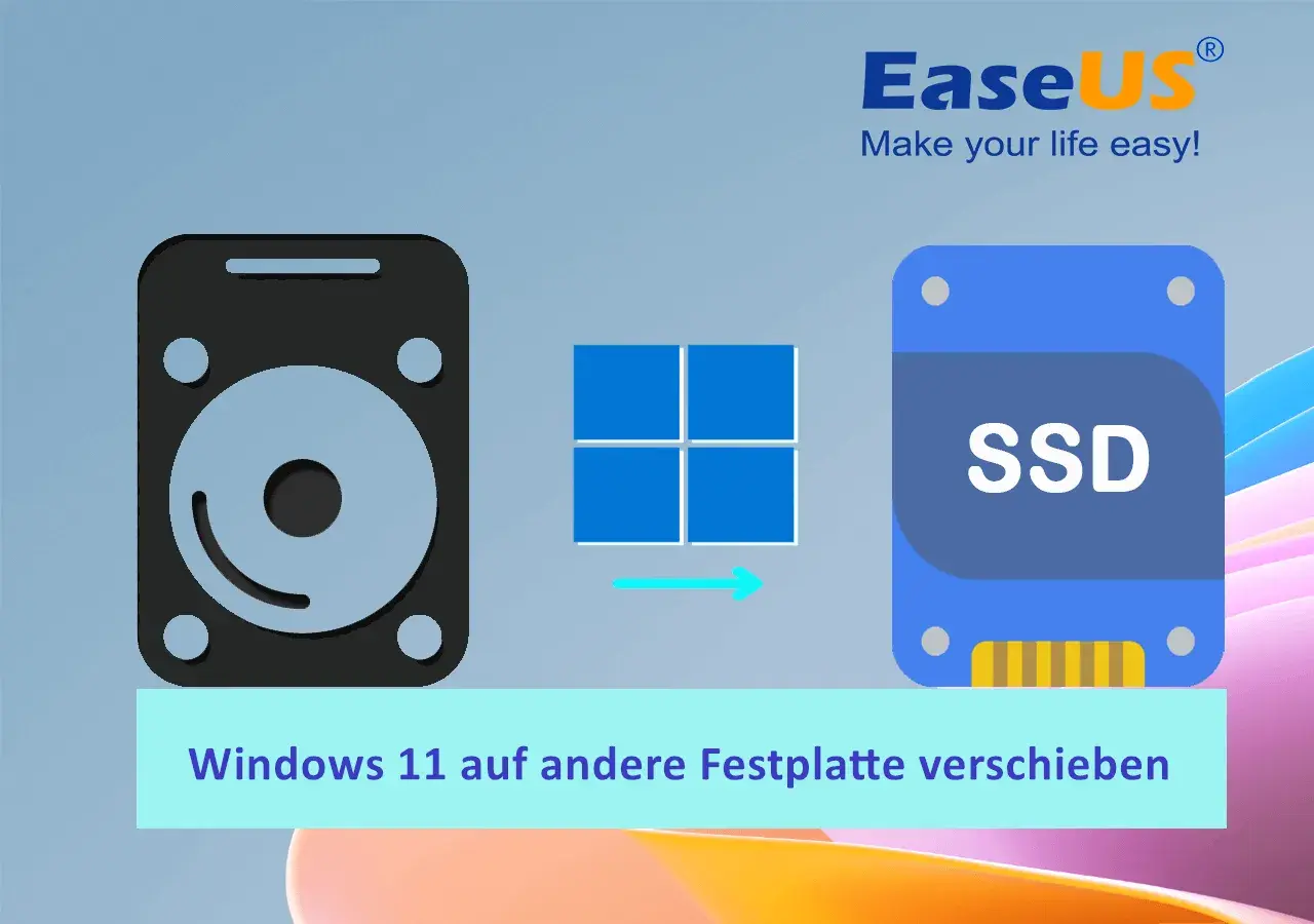 Windows 11 von einer Festplatte auf eine SSD übertragen. Das Bild zeigt eine Festplatte, das Windows 11 Logo und eine SSD.
