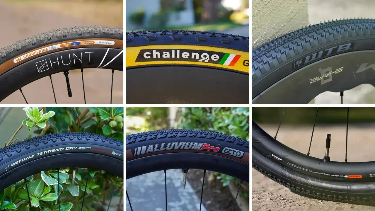 Close-ups of various road tires on gravel bikes, showcasing brands like Panaracer, Challenge, WTB, Vittoria, and Alluvium Pro.