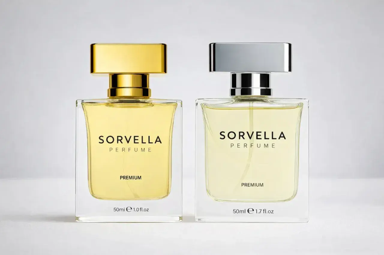 Dwie butelki perfum Sorvella Premium, jedna ze złotą, druga ze srebrną nakrętką. Wyglądają jak oryginalne.