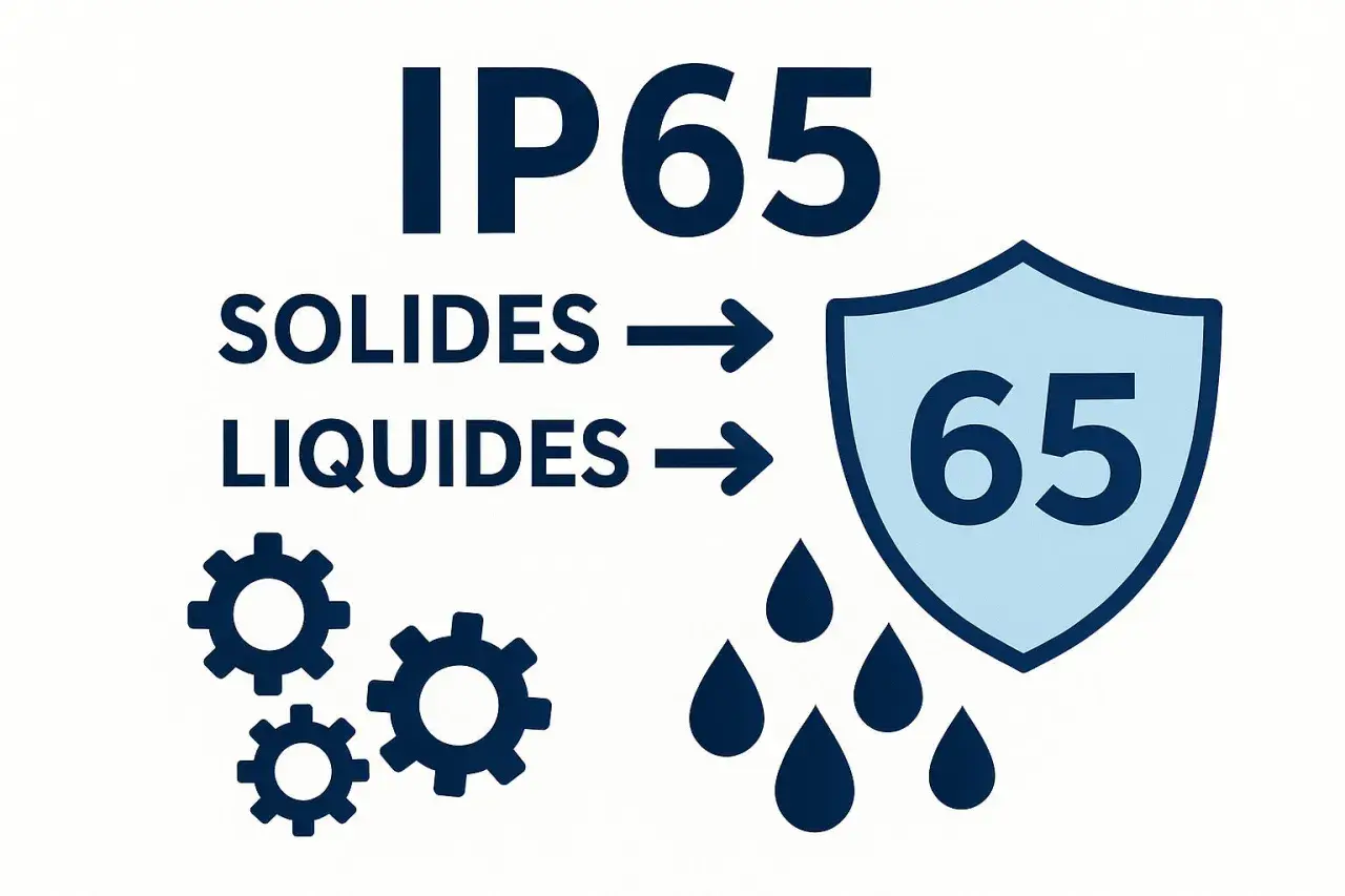 Illustration expliquant la classification IP65 : protection contre les solides (engrenages) et les liquides (gouttes d'eau).