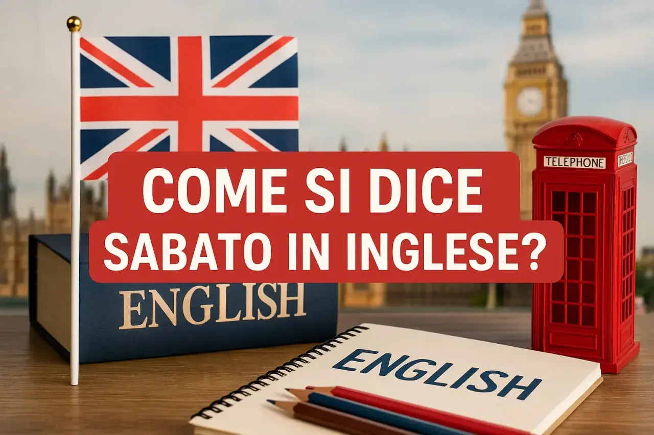 Bandiera inglese, libro "English", cabina telefonica rossa e la domanda: "Come si dice sabato in inglese?". Impara le zilele saptamanii in engleza!