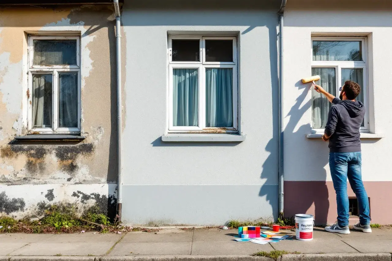Un homme effectue la rénovation de façade d'une maison, appliquant de la peinture fraîche sur le mur extérieur.