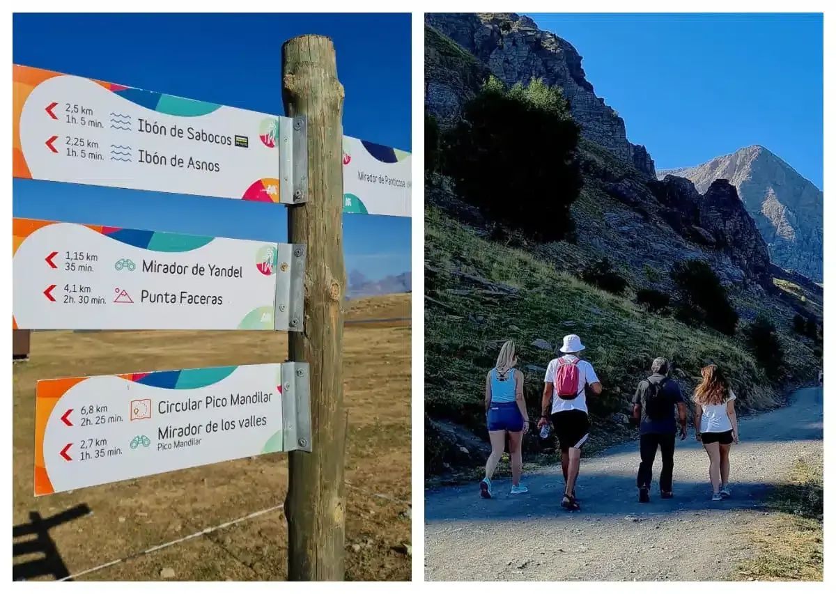 Señalización de rutas en Panticosa: Ibón de Sabocos, Mirador de Yandel y Circular Pico Mandilar. Senderistas disfrutan del paisaje montañoso.