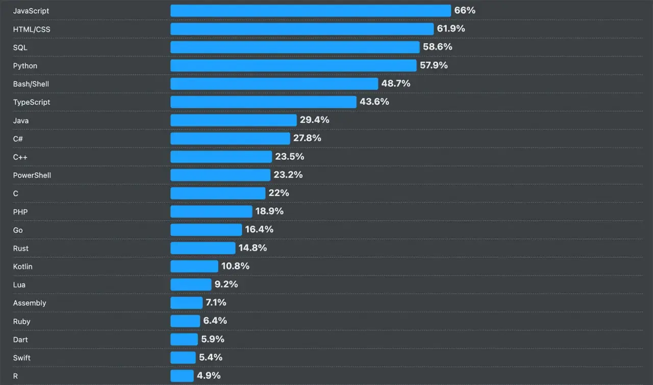 Graphique montrant les langages informatiques les plus utilisés : JavaScript domine avec 66%, suivi de HTML/CSS et SQL.