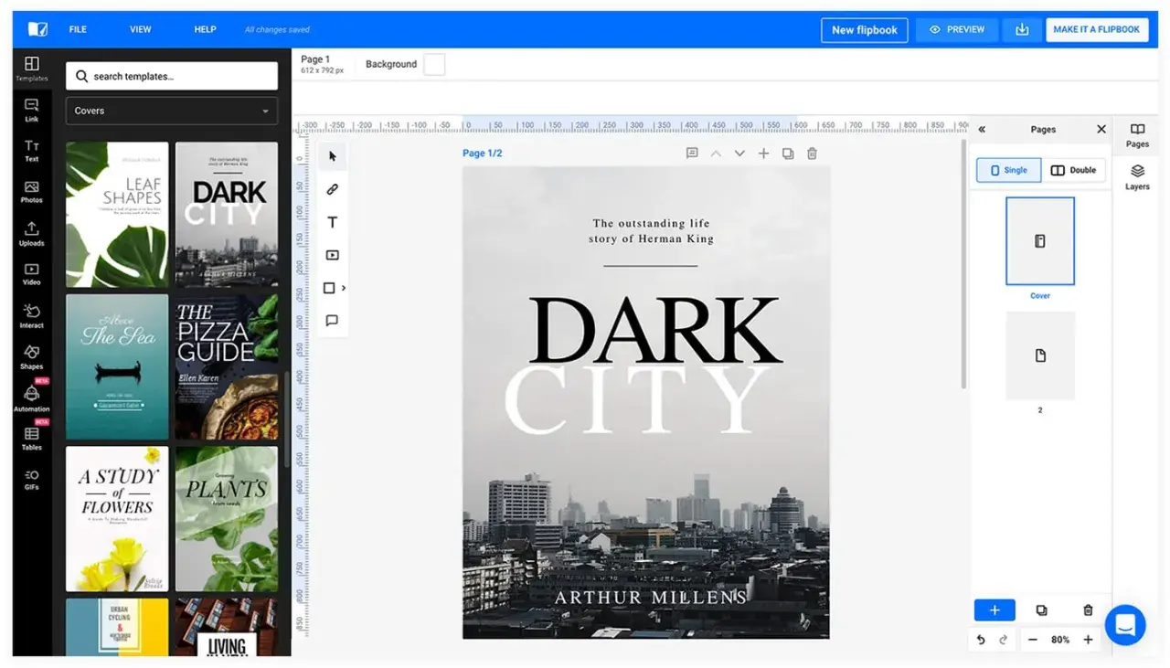 Interfaz para hacer portada online. Muestra plantillas de portadas de libros y un editor para crear tu diseño.
