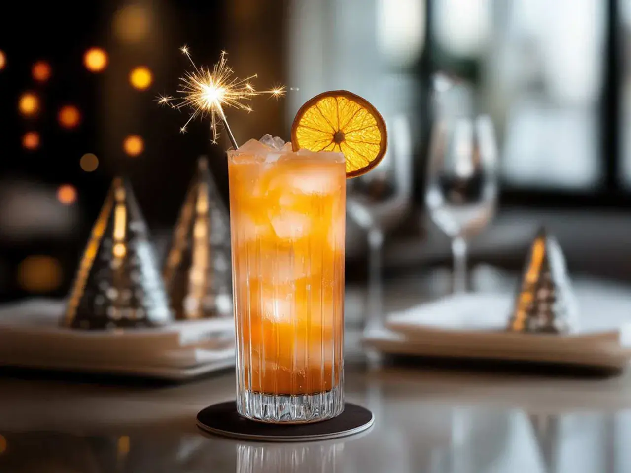 En festlig Singapore Sling med en gnistrande stjärntändare och en torkad apelsinskiva.