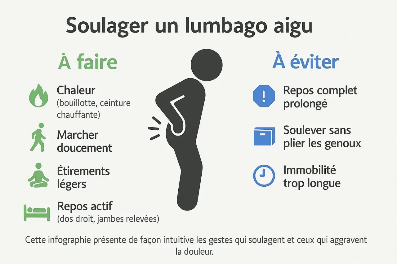 Infographie sur le soulagement d'un lumbago aigu : chaleur, marche douce, étirements légers, repos actif. À éviter : repos prolongé, soulever sans plier les genoux, immobilité.