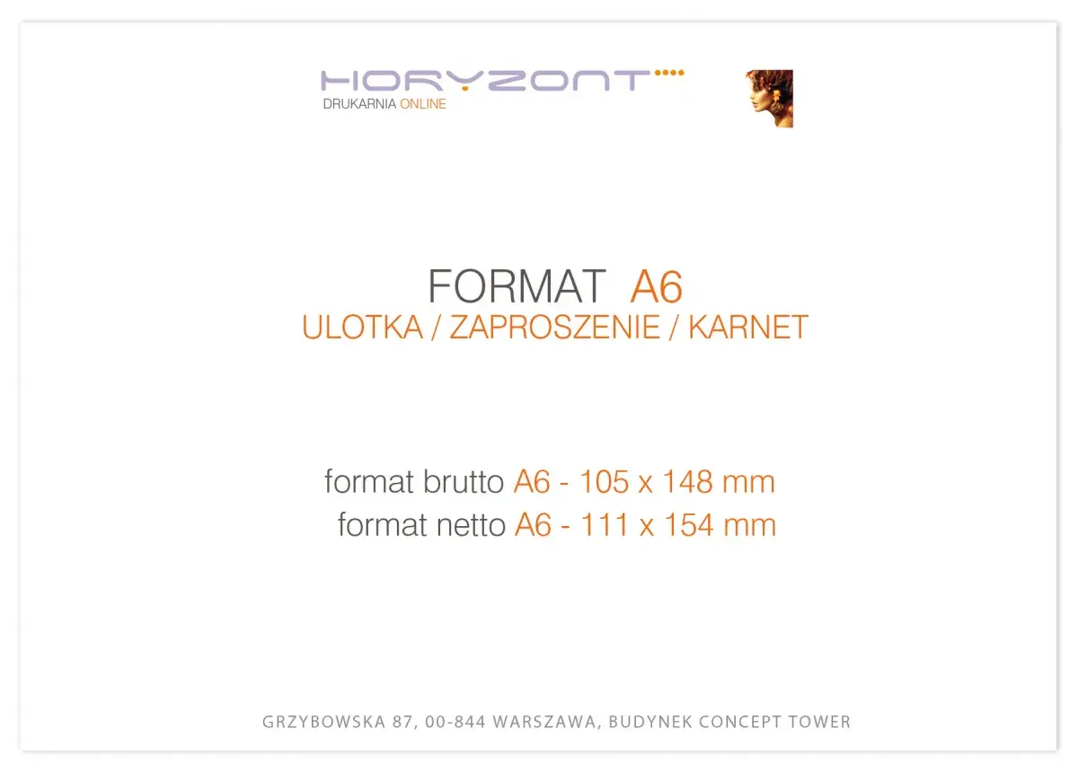 Tworzenie zaproszeń w formacie A6. Ulotka, zaproszenie lub karnet. Wymiary brutto 105x148 mm, netto 111x154 mm.