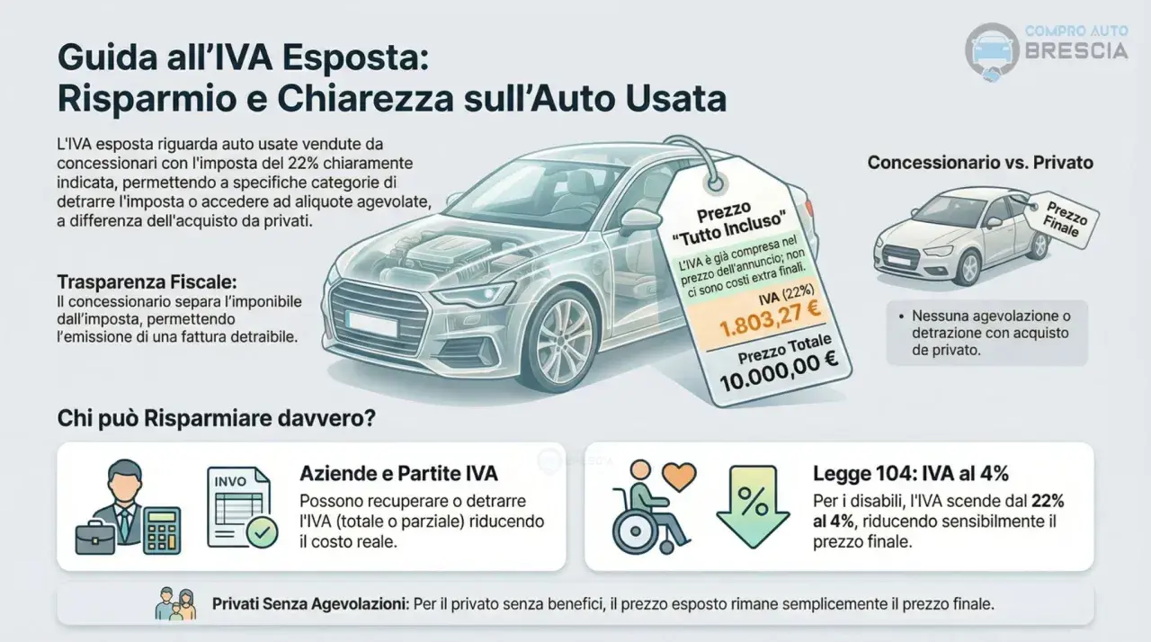 Guida all'IVA esposta: auto usate con IVA 22% inclusa. Scopri come si calcola l'IVA al 4% per disabili (Legge 104) e per aziende.
