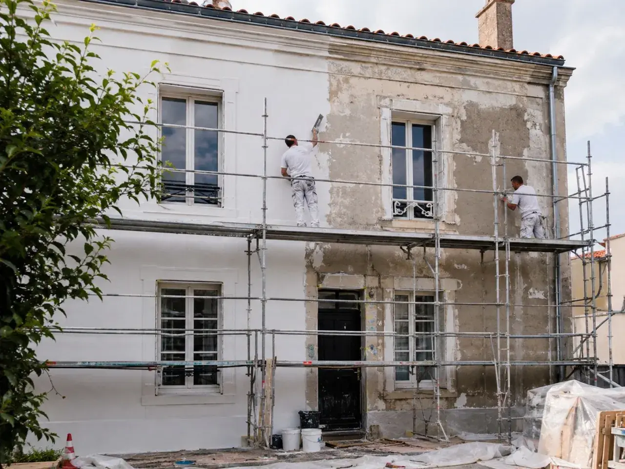 Ravalement de façade en cours, transformant une vieille bâtisse pour une plus-value certaine. Les ouvriers travaillent sur des échafaudages.