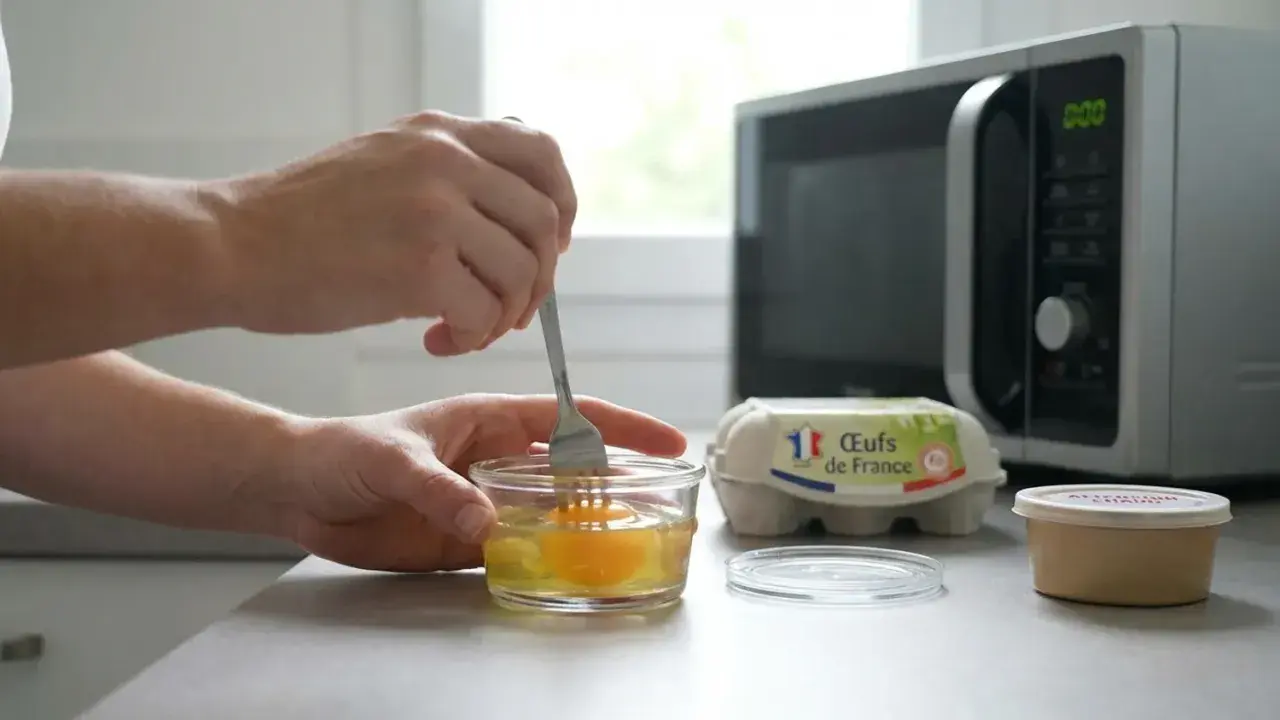 Préparation d'un œuf au micro-ondes. Attention, l'œuf micro-onde danger peut exploser s'il n'est pas percé.