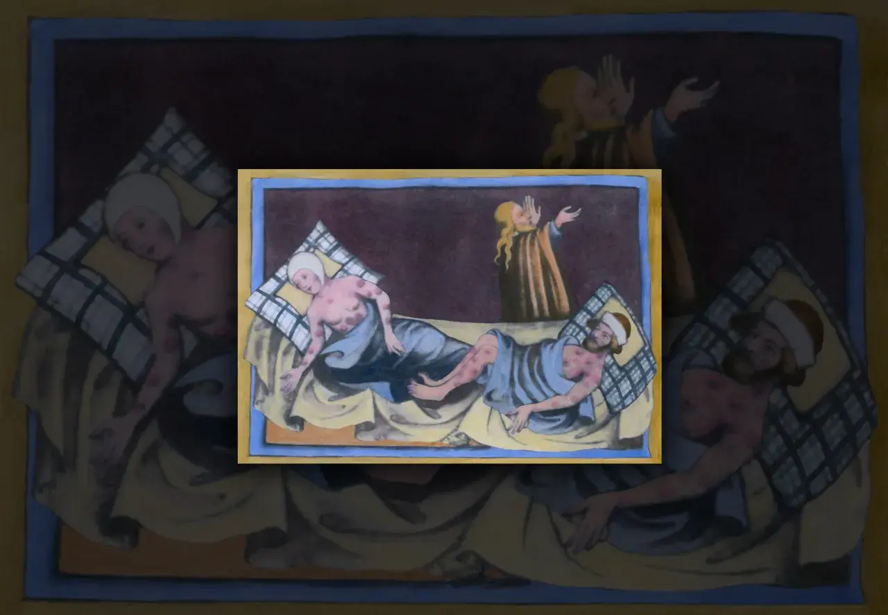 Illustration av sjuka människor med bölder, en påminnelse om justinianska pesten. En person ber i bakgrunden.