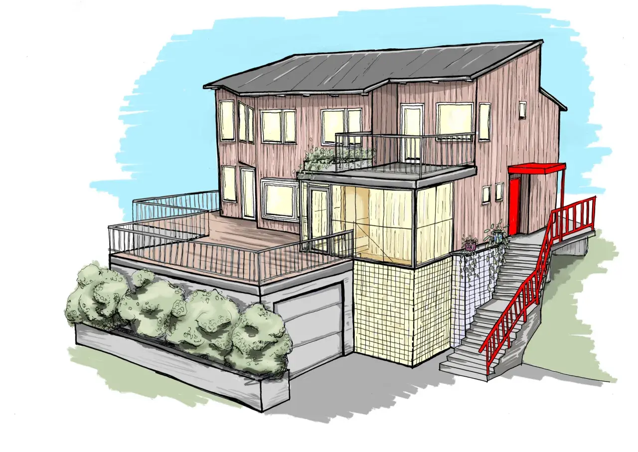 En illustration av ett modernt hus med stora fönster, balkonger och en röd entré.