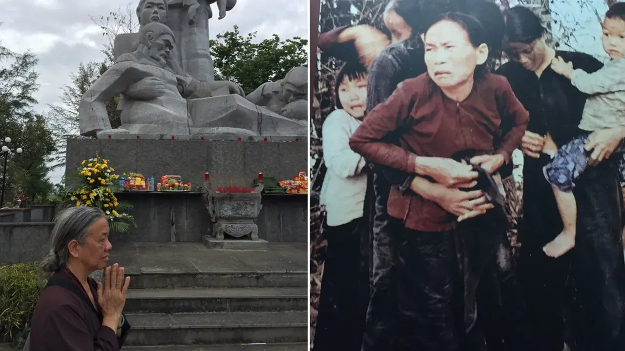 Minnesmärke över my lai massakern. En kvinna ber framför en staty. Till höger, en bild av skräck och lidande.