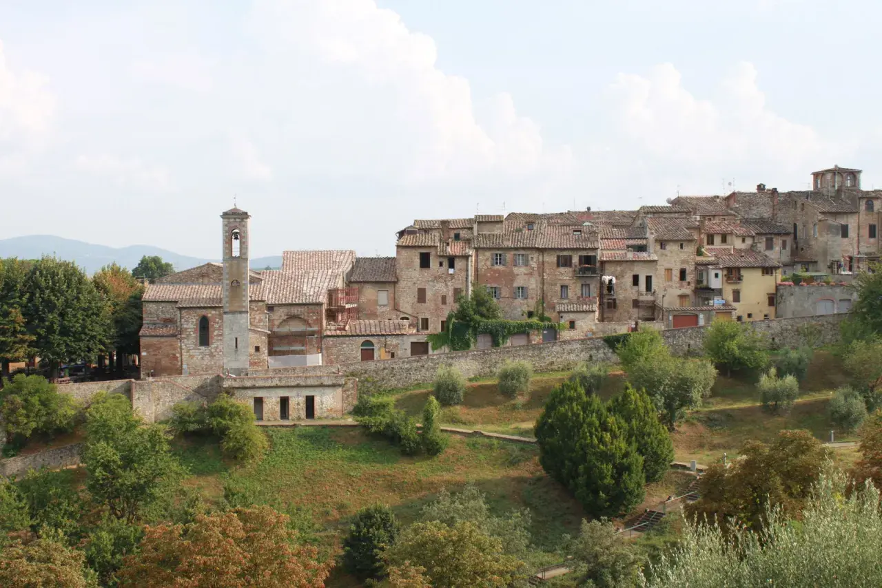 Panoramica di Colle Val d'Elsa, con le sue case in pietra e il campanile che svetta tra gli alberi verdi.