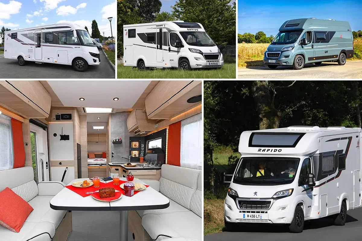 Collage de camping-cars Rapido : extérieurs et intérieur d'un modèle.
