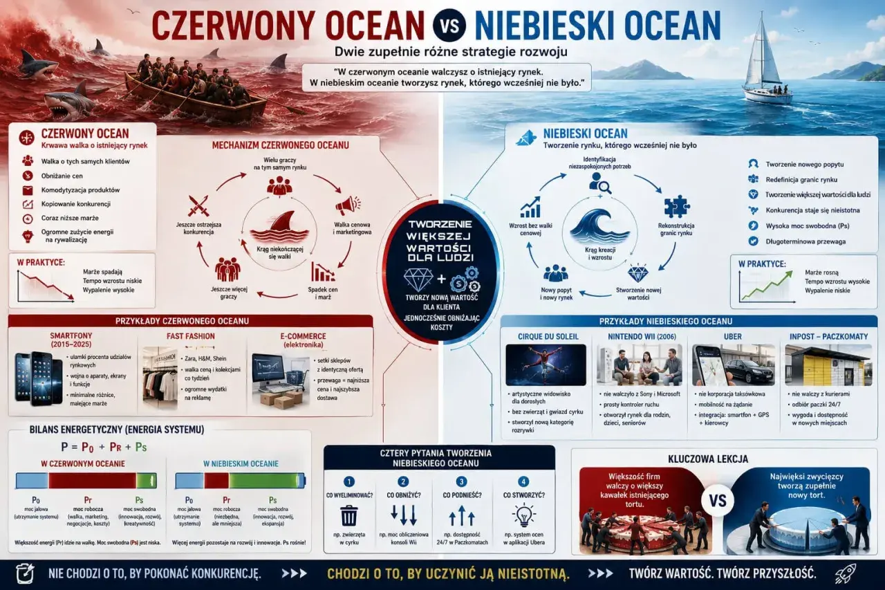 Czerwony ocean to krwawa walka o rynek, niebieski ocean to tworzenie nowego. Strategia czerwonego oceanu to walka o klienta, niebieski ocean to tworzenie wartości.