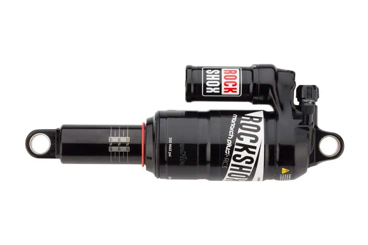 RockShox Monarch Plus RC3 rear shock absorber for mountain bikes, black with white lettering and red accents.