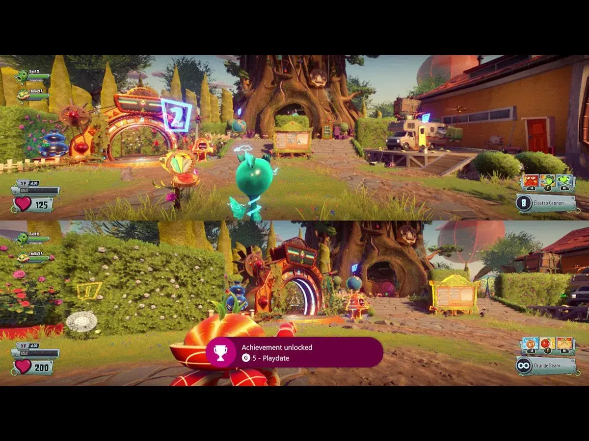Gry split screen Xbox w Plants vs. Zombies. Dwa ekrany pokazują kolorową, kreskówkową rozgrywkę z postaciami roślin i zombie.