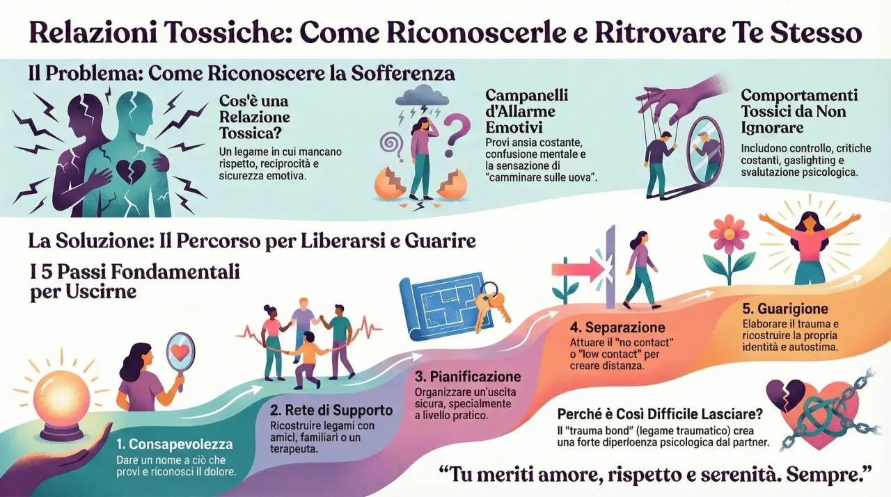 Un'immagine illustra i passi per uscire da relazioni tossiche, mostrando come riconoscere i segnali e guarire, evitando di far sentire in colpa una persona.