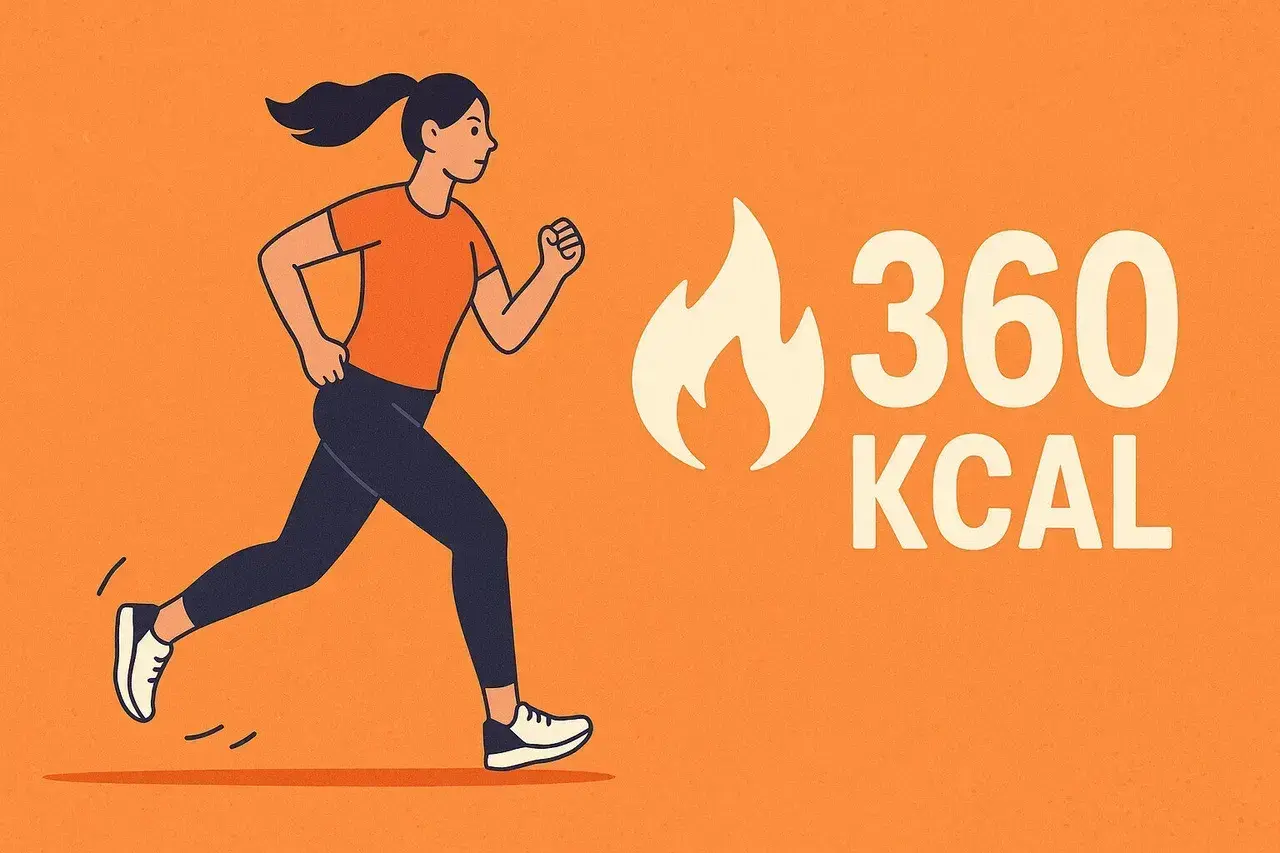 Ilustracja kobiety biegającej obok napisu "360 KCAL" i symbolu ognia.