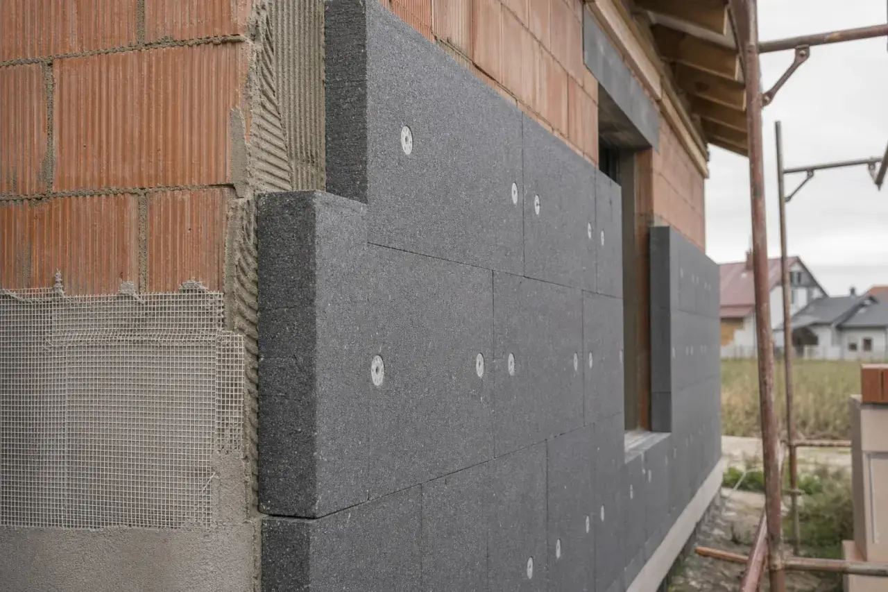 Izolacja ścian zewnętrznych z grafitowego styropianu, który charakteryzuje się niskim współczynnikiem izolacji cieplnej lambda.