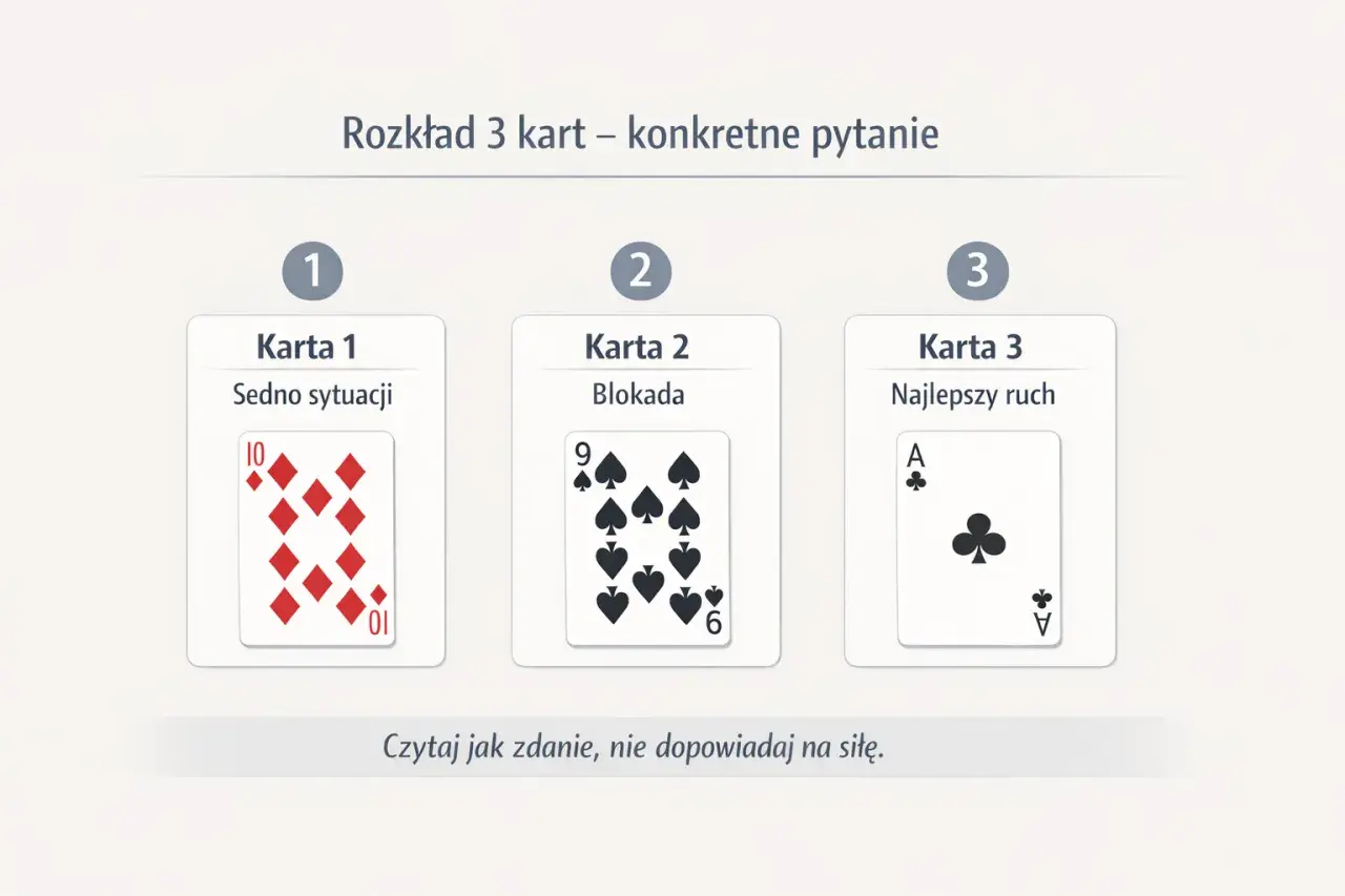Wróżby wszystko o miłości: rozkład 3 kart pokazuje sedno sytuacji (10 karo), blokadę (9 pik) i najlepszy ruch (As trefl).