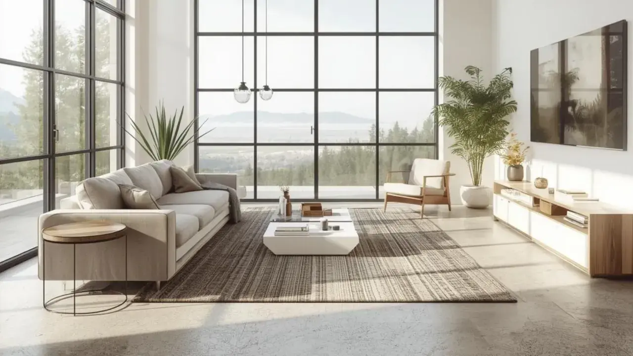Salón moderno con grandes ventanales. El suelo de microcemento, con sus ventajas y desventajas, complementa el mobiliario minimalista y las vistas al exterior.