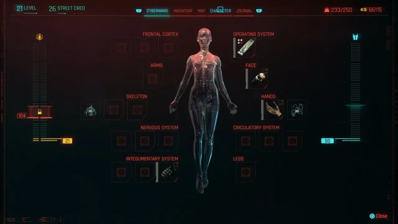 Interfejs gry Cyberpunk 2077, ekran budowy postaci. Widoczny schemat ciała z opcjami cyberwszczepów: system operacyjny, twarz, ręce, nogi, układ krążenia, układ nerwowy, szkielet, kora mózgowa.