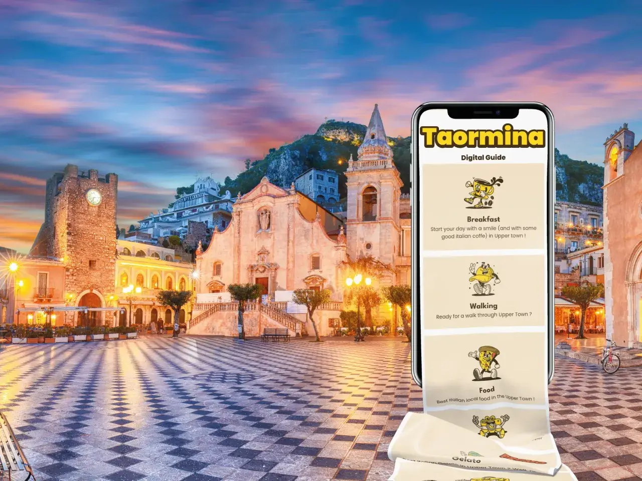 Taormina, Italia: una piazza storica illuminata al tramonto, con un'app guida digitale che mostra colazione, passeggiate e cibo locale.