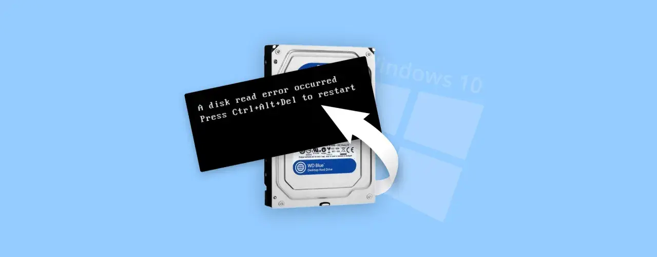 Dysk jest zabezpieczony przed zapisem, wyświetlając błąd odczytu. W tle widać logo Windows 10.