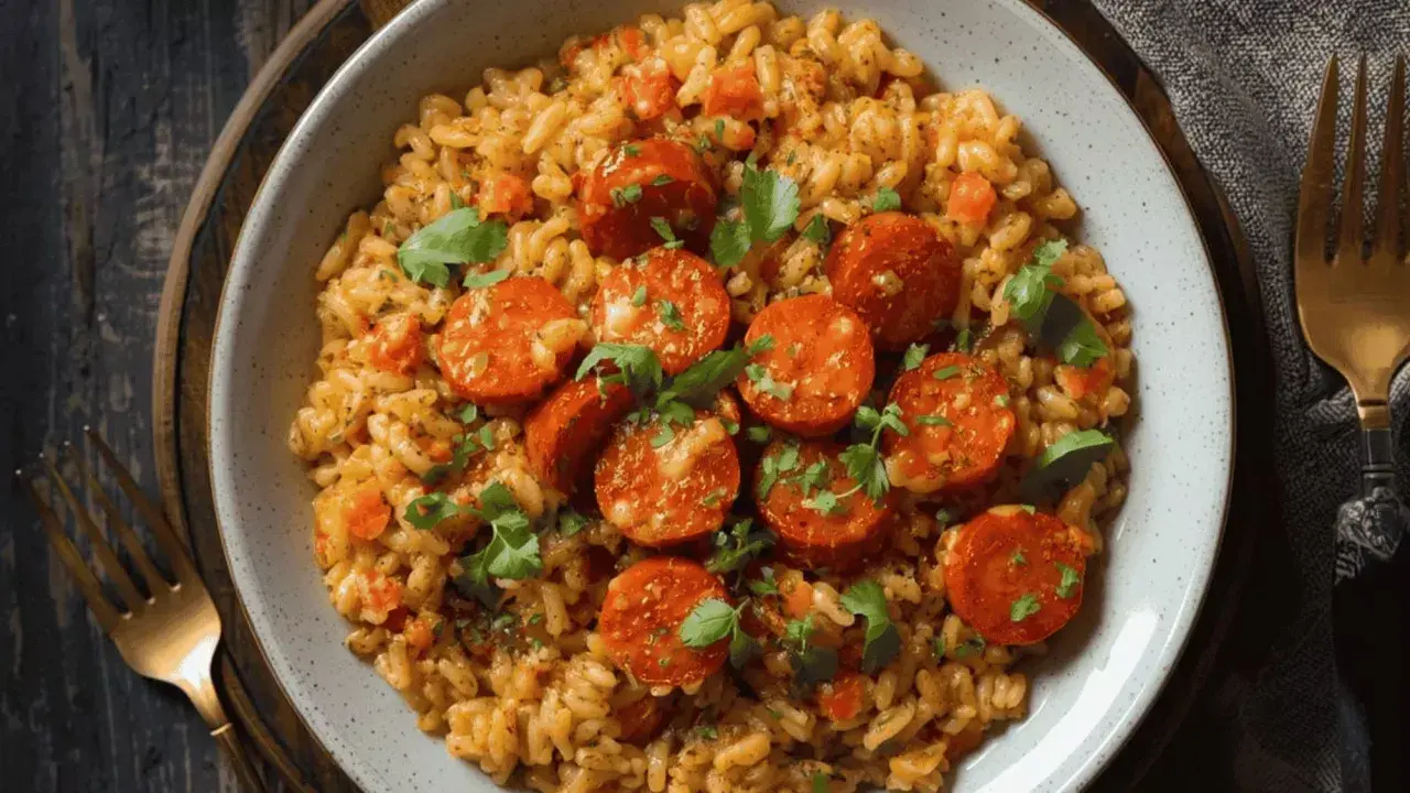 Un délicieux risotto chorizo, garni de persil frais, prêt à être dégusté.