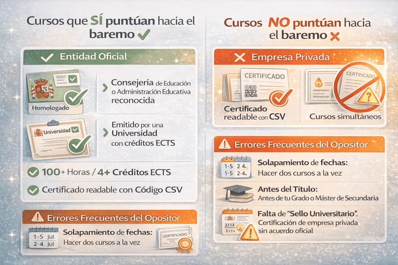 Cursos homologados por entidades oficiales puntúan para el baremo. Los de empresa privada no. Evita solapamientos y asegúrate de que el sello sea universitario.