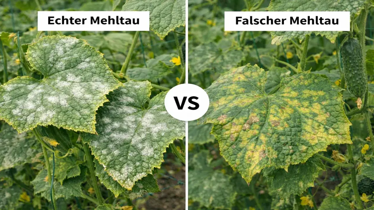 Vergleich von Gurkenblättern: Links zeigt sich echter Mehltau als weißer Belag, rechts falscher Mehltau mit gelb-braunen Flecken.