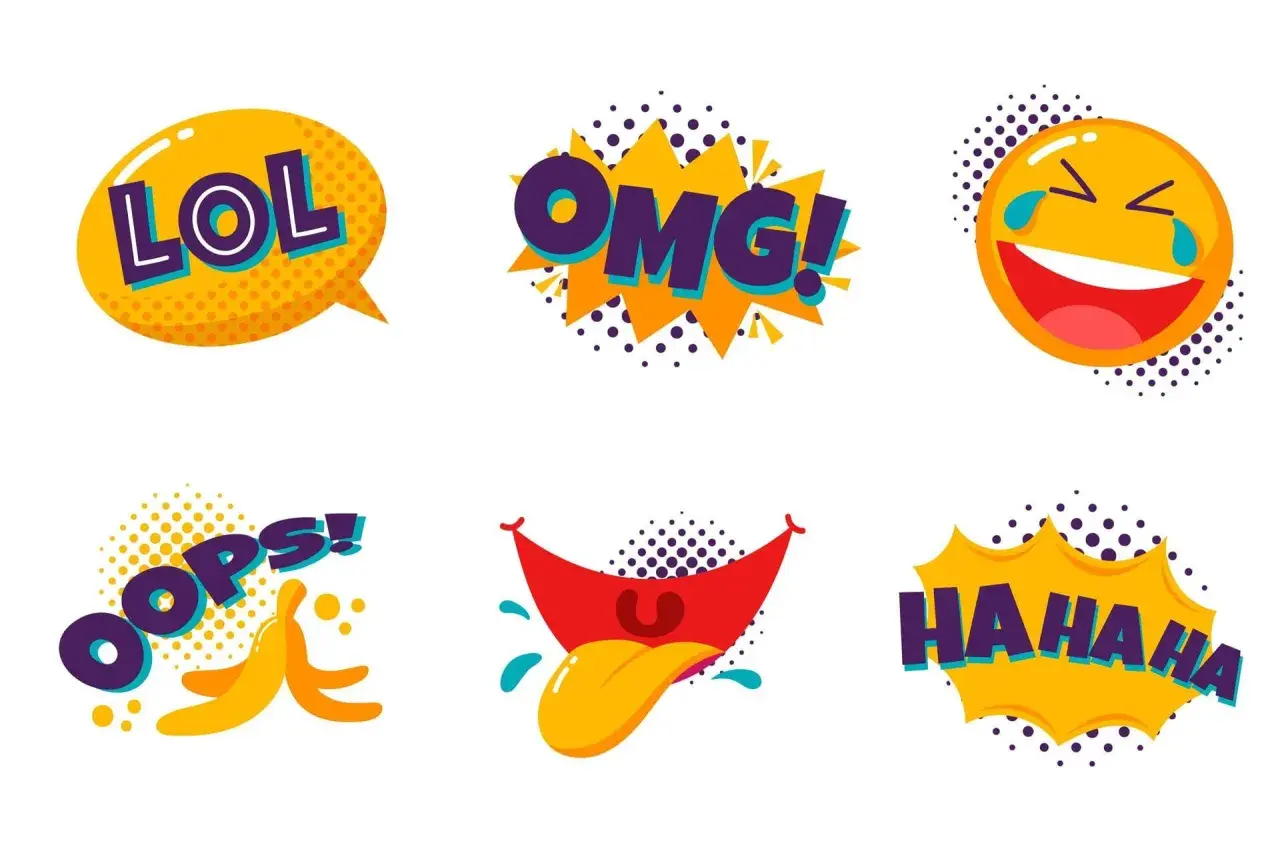 Zabawne, kolorowe grafiki z młodzieżowe skróty: LOL, OMG, HAHAHA, OOPS! oraz emotikony.
