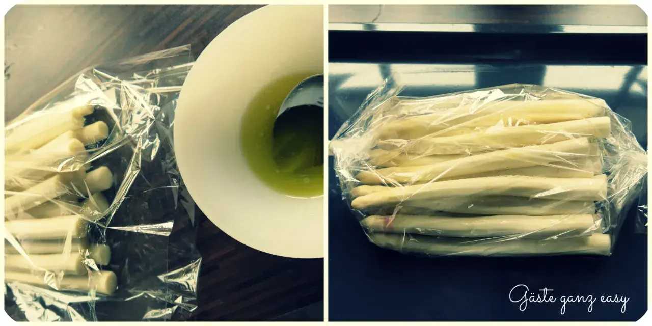 Frischer weißer Spargel im Bratschlauch, bereit für die Zubereitung. Daneben eine Schüssel mit grüner Flüssigkeit, vielleicht Butter oder Öl.