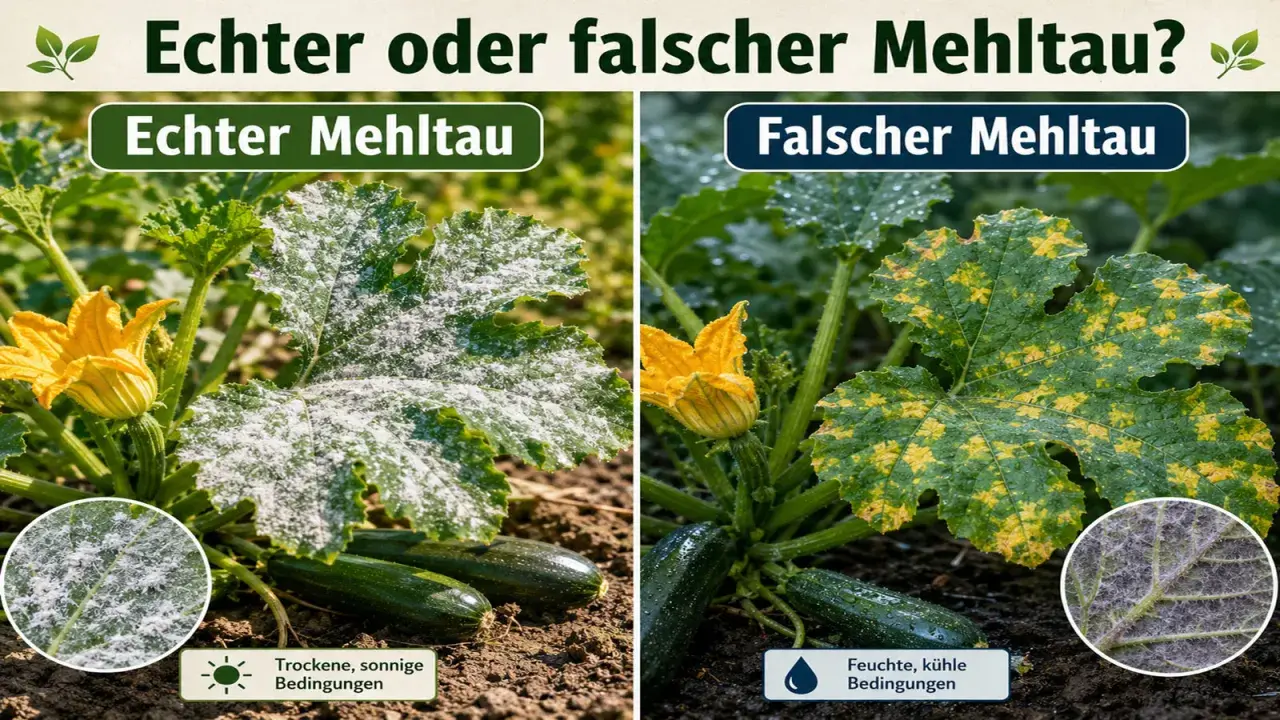 Zucchini-Blätter: Echter Mehltau zeigt weißen Belag, falscher Mehltau gelbe Flecken. Unterscheidung hilft bei der Bekämpfung.