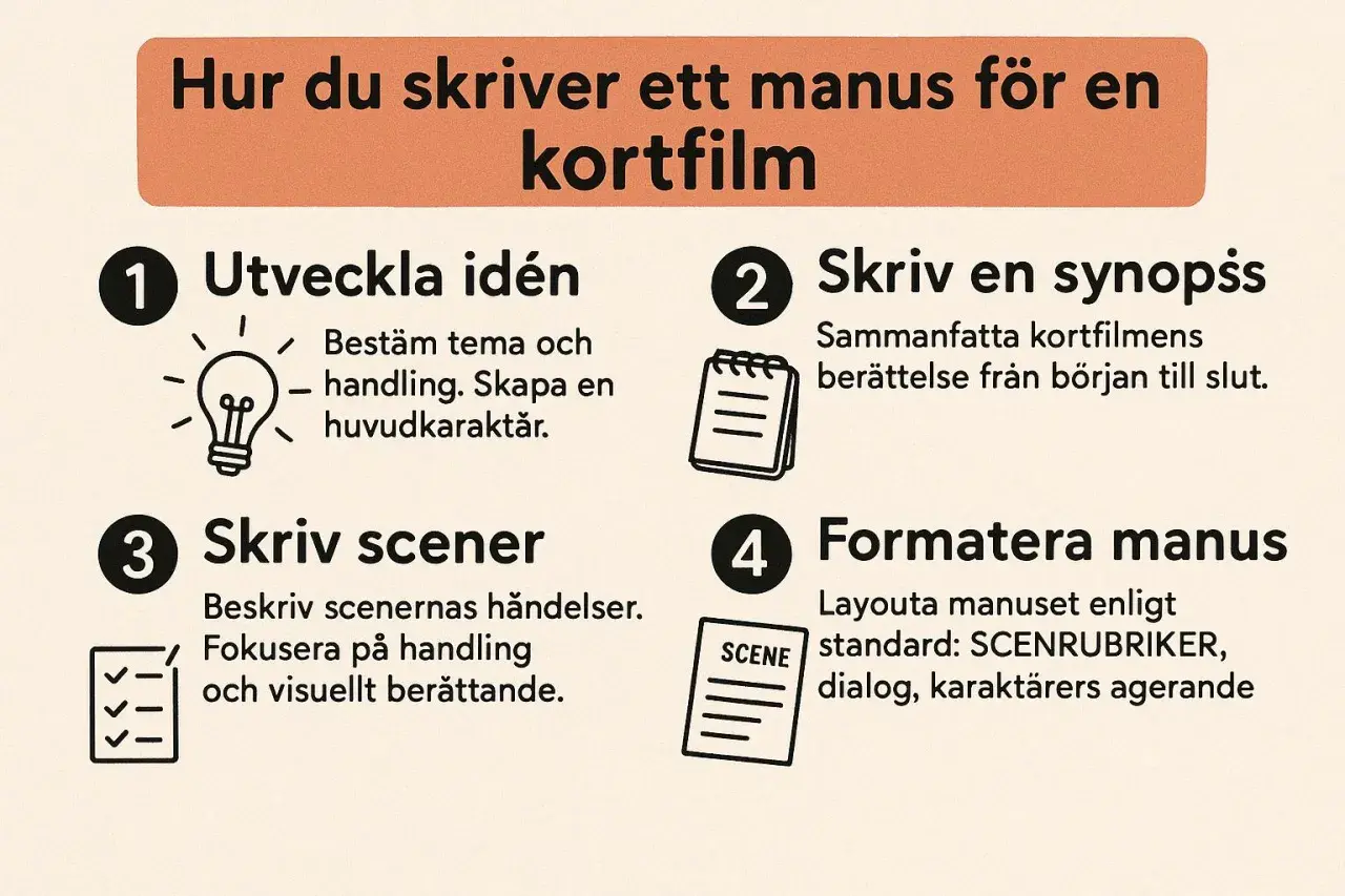 Steg för hur man skriver ett manus för en kortfilm: utveckla idé, skriv synopsis, skriv scener och formatera manus.