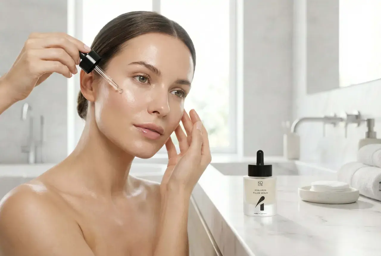 Donna applica siero viso, scopri i benefici della niacina per una pelle luminosa e idratata.