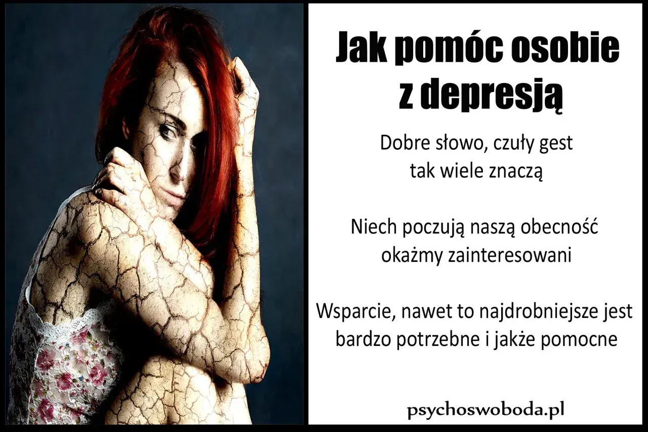 Kobieta z pękniętą skórą symbolizuje cierpienie. Obok tekst: "Jak pomóc osobie z depresją". Wsparcie w związku jest kluczowe.
