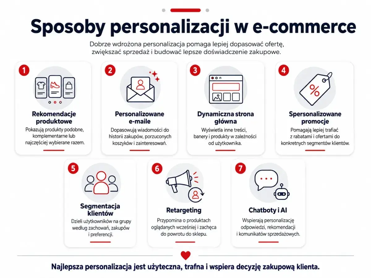 Siedem sposobów na personalizację produktu w e-commerce: rekomendacje, e-maile, dynamiczna strona, promocje, segmentacja, retargeting, chatboty i AI.