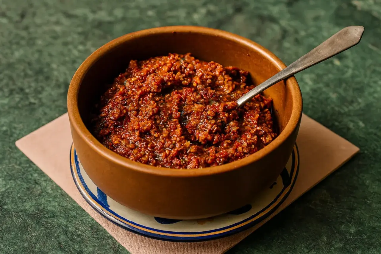 Schüssel mit rustikalem Pesto Rosso, bereit zum Servieren.