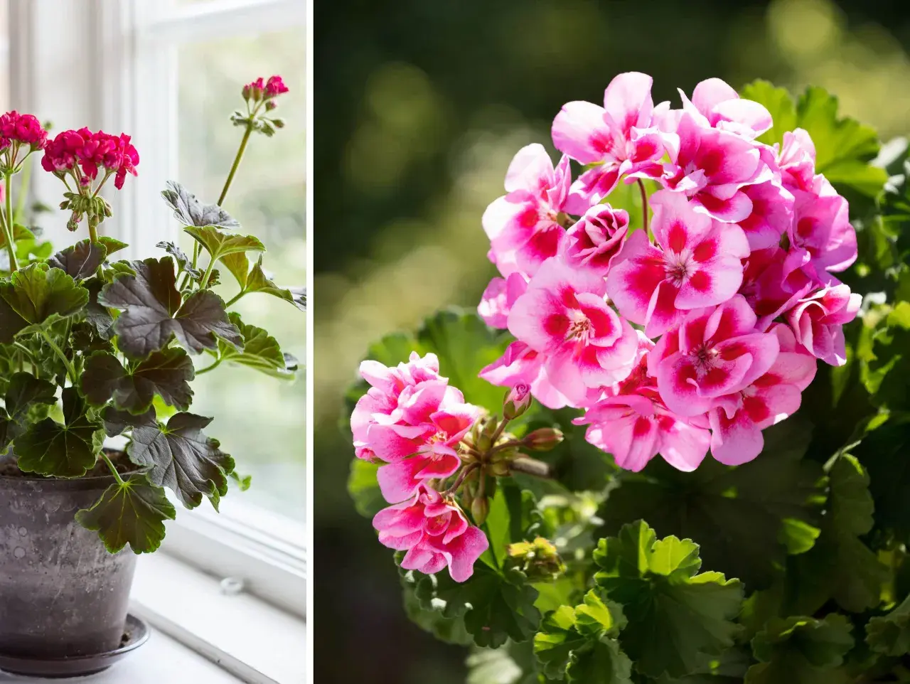 En kruka med mörka blad och rosa blommor står vid ett fönster. Bredvid syns en närbild på en klunga rosa pelargonblommor med mörkare inslag.