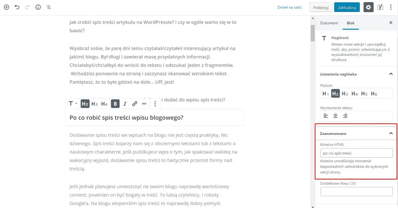 Jak zrobić spis treści w Wordzie? Wpis blogowy z kotwicami HTML ułatwia nawigację.
