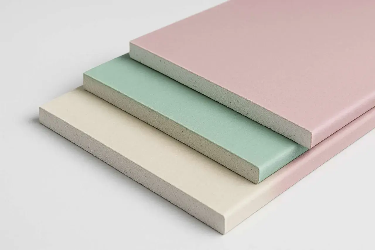Tre lastre di cartongesso colorate, ideali per chi cerca il miglior cartongesso per umidità.